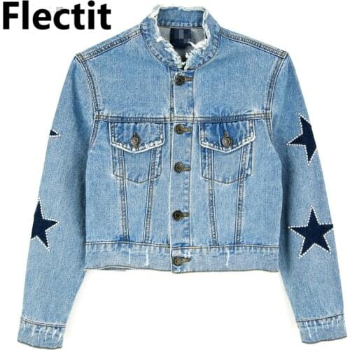 Flectit Women Cropped Denim Jacket with Stars Street Style Slim Fit Long Sleeve Stand Collar Jeans Jacket with Pearls