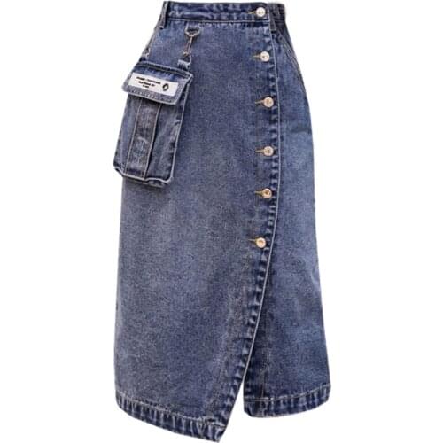 Denim skirt women summer 2020 new irregular split high waist middle long large pocket a-line skirt