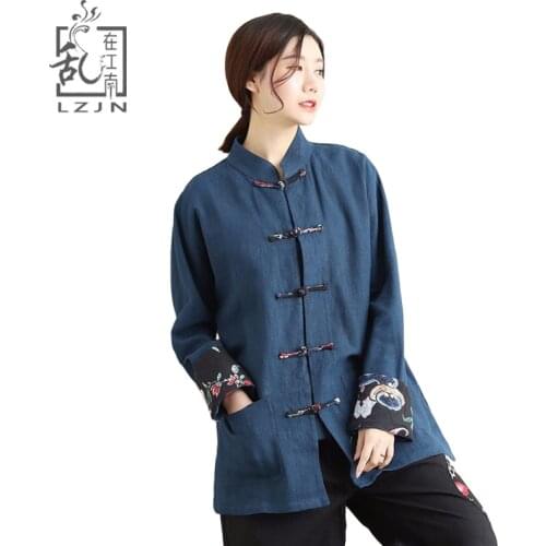 LZJN Plus Size Women Clothing Patchwork Long Sleeve Tops and Blouses Flax Tang Suit Loose Chinese Shirt Feminine Blouse 2019