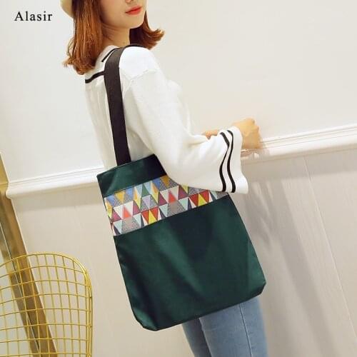 Alasir Korean Style Cotton Canvas Shoulder Bag Women Artsy Canvas Handbag Girl Female Bag Canvas Patchwork Shopping Bag