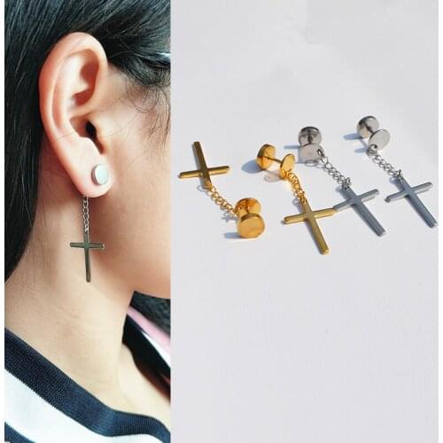 Fashion Punk Long Cross Pendant Dumbbell Earrings For Women Rock Men Simple Stainless Steel Stud Earrings Jewelry Wholesale