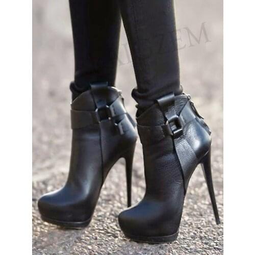LAIGZEM FASHION Black Ankle Boots Platform Booties High Heel Back Zip Short Boots Waterproof Shoes Woman Ladies Large Size 34-47