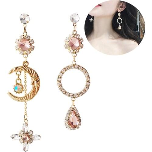 Women Rhinestone Inlaid Moon Round Teardrop Dangle Asymmetric Stud Earrings