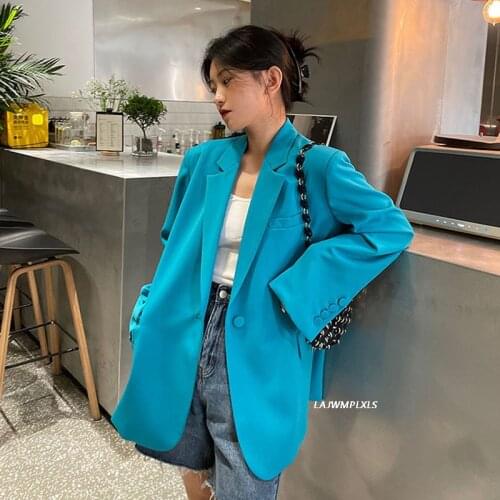 2021 New Blazer Jacket Women Spring Casual Long Sleeve Loose Outwear Office Lady Blue Fashion Streetwear