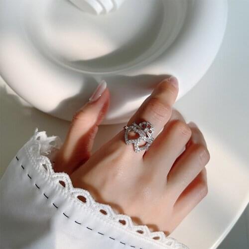 Amaiyllis S925 Sterling Silver Simple Love Heart Hollow Crown CZ Zircon Open Ring Personality Index Finger Ring For Women
