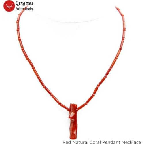Qingmos Natural 8*50mm Red Coral Pendant Necklace for Women with 3*9mm Red Thick Slice and Round Coral Necklace Chokers 17