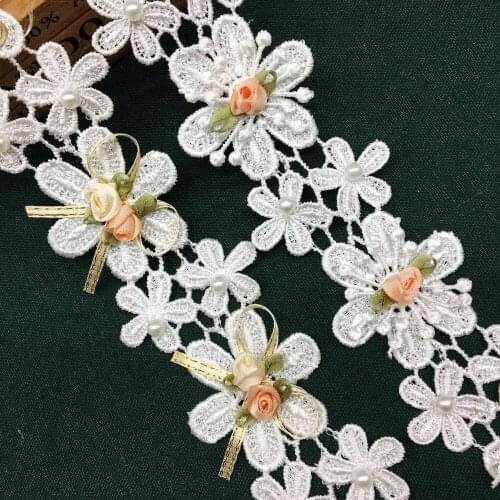 1 yd 3D Pearl Colorful Rose Flower Embroidered Lace Trim Ribbon Fabric Crochet DIY Garment Sewing Craft Wedding Dress Decoration