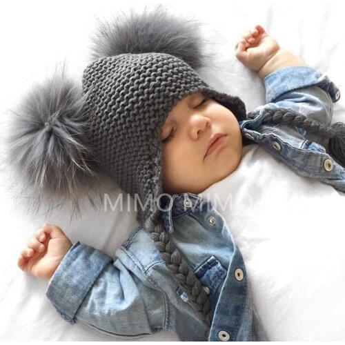 2020 Winter 16CM Big Double Natural Raccoon Pompom Hat Skullies Beanies For Girls Boys Caps Real Fur Kids Knitted Caps h275
