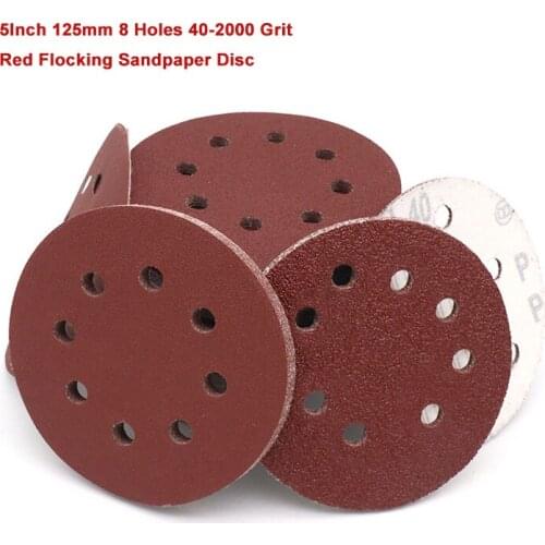 5Inch 125mm 8 Holes 40-2000 Grit Red Flocking Sandpaper Disc Polishing Sheet Hook & Loop Back Velvet Abrasive Tools
