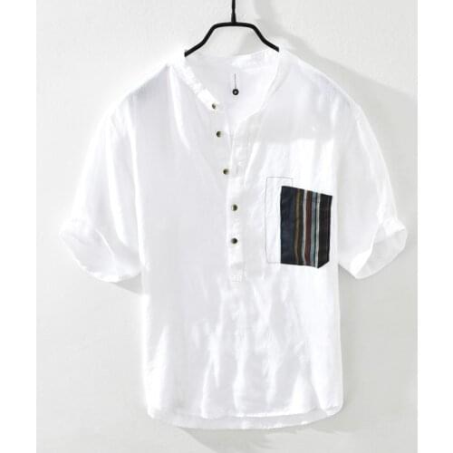 White Short Sleeve Shirt for Men Summer New Japanese Fashion Pure Linen Tops Male Pullover Thin Slim Fit Vintage Shirt