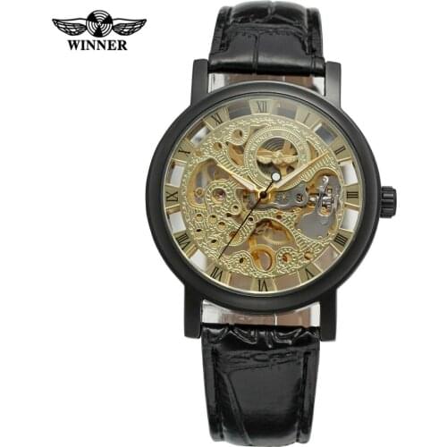 WINNER WATCH Creative surface Golden Roman numerals digital dial black leather strap mens mechanical watch