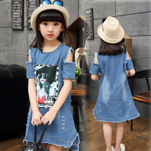 Factory Direct 2020 Girls Fashion Patches Denim Dress Children Summer Cartoon Cotton Strapless Dresses Kid Spliced One Piece X28