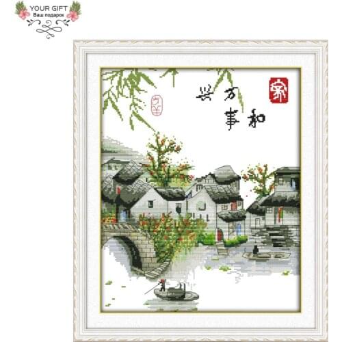Joy Sunday China Jiangnan Water Village Home Decor F774 A Peaceful Family Will Prosper Yangtze River Edition China Cross Stitch