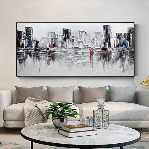 Modern Hand Painted Canvas Painting Wall Art Abstract City Landscape Picture For Home Living Room Decoration Painting Frameless