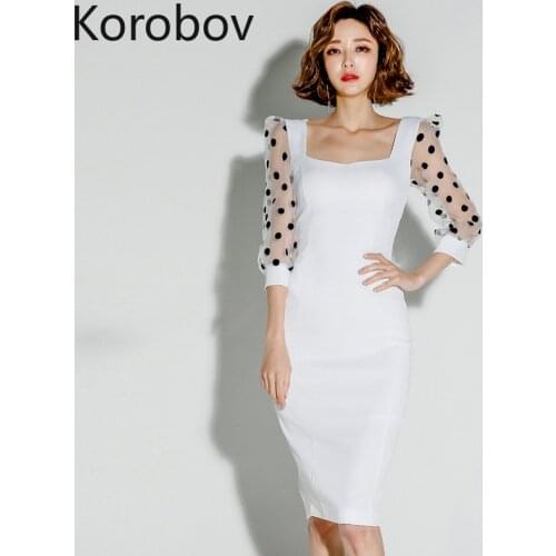 Korobov Summer New Arribal Polka Dot Mesh Patchwork Short Sleeve Dress Korean Elegant Slim Knitted Dresses OL Vestidos Mujer