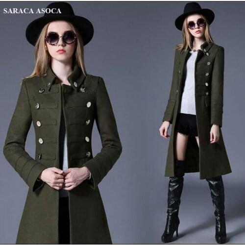 Fashion Office Lady Slim Overcoat Autumn Winter Jacket Double Breasted Mandarin Collar Long Coat For Grils