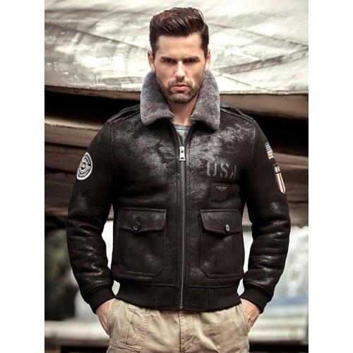 Mens Black Sheepskin Shearling Jacket Leather Jacket A2 Airforce Flight Coat Mens Winter Fur Jacket