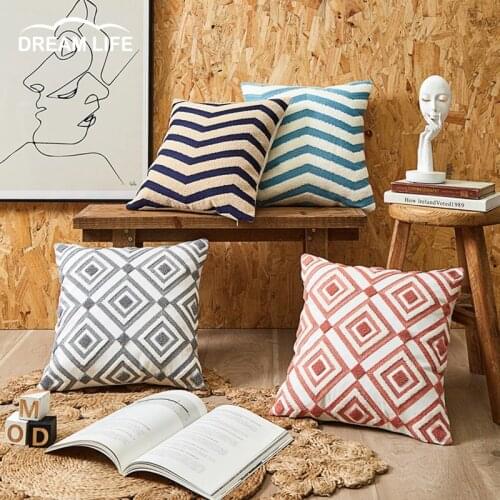 Geometric Embroidery Cushion Cover 45x45cm Home Decoration Pink Diamond Pillow Cover Boho Style Living Room Sofa Pillowcase