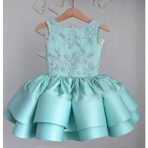 New Puffy Knee Length Ball Gowns Baby Girl Birthday DressLace Appliques Beading Bow Open Back Toddler Girls Birthday Party Gowns