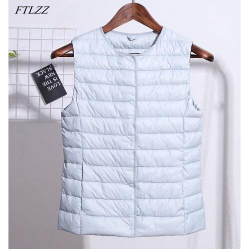 FTLZZ Winter 90% White Duck Down Vest Coat Women Single Breasted Thin Sleeveless Coat O-Neck or V-Neck Jacket