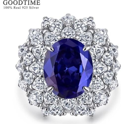 Luxury Women Wedding Pure 100% 925 Sterling Silver Blue High Carbon Gemstone Flower Rhinestone Ring Jewelry Accessories