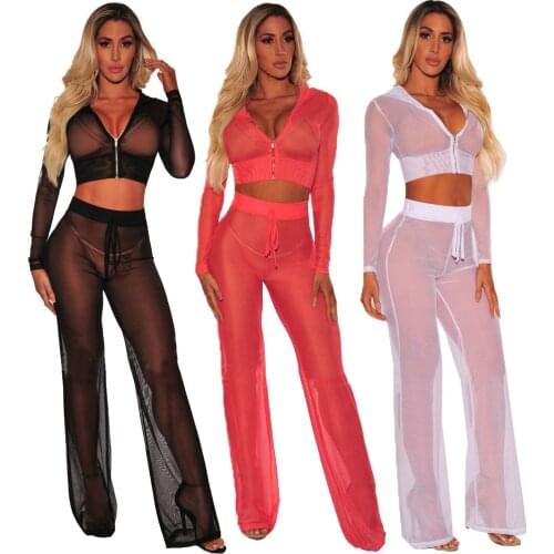 Sexy crop top two piece set tracksuit women gauze Fashion Hoodie Pant cropped tops