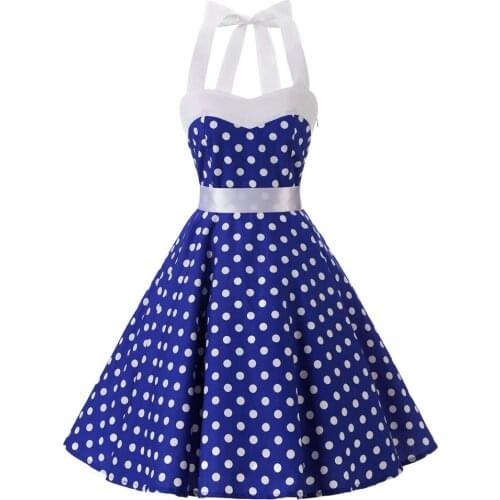 Blue Dress White Polka Dot Women Summer Dress Plus Size Hepburn Halter Big Swing Retro Vintage Tunic Cotton Dress VD0526