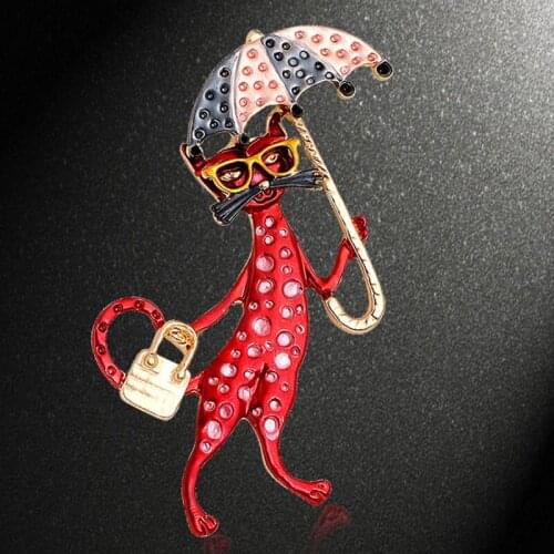 Zlxgirl jewelry Cute kitten shape animal brooch with umbrella bag womens cartoon scarf pins Brand Red Enamel hijab accessory