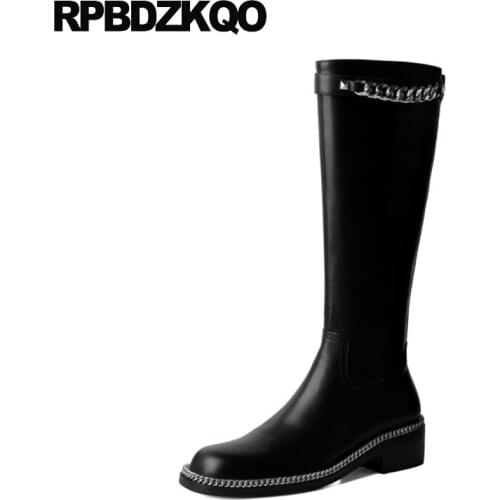 Punk Rock Boots Black Biker Slim Knee High Low Heel Fashion Chunky Long Shoes Chain Equestrian Riding Metal Motorcycle Women