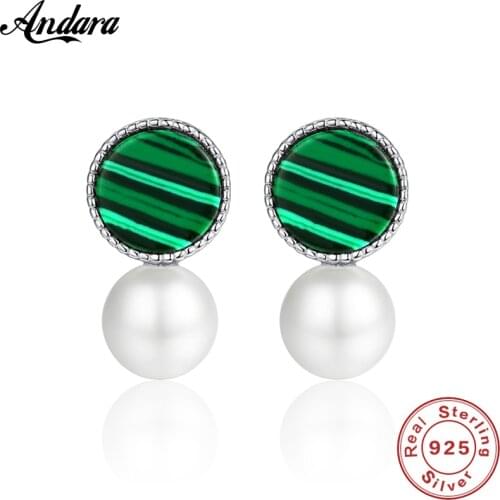 Luxury Brand Pure 925 Sterling Silver Stud Earrings Malachite Pearl Women Earrings for Female Mom Fashion Jewelry Gift
