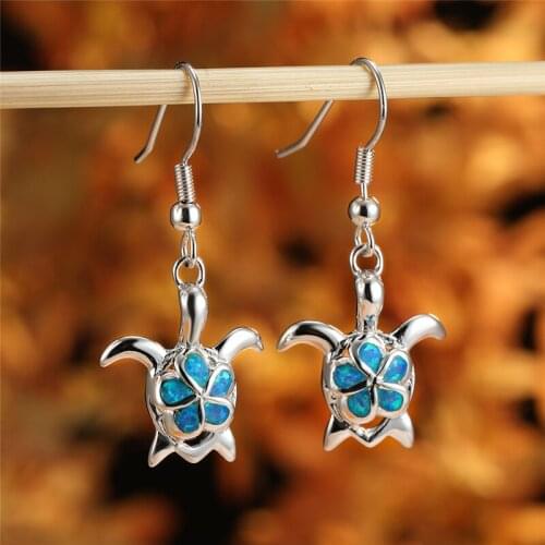 Blue Fire Opal Sea Turtle Drop Earrings For Women Wedding Jewelry Vintage Fashion Silver Color Charming Flower Dangle Earrings