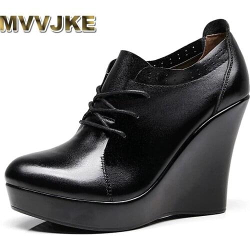 MVVJKE Lace Up Wedges Shoes for Women 2021 Autumn Platform Pumps Woman High Heels Black Office Shoes Ladies Plus Size 33-41