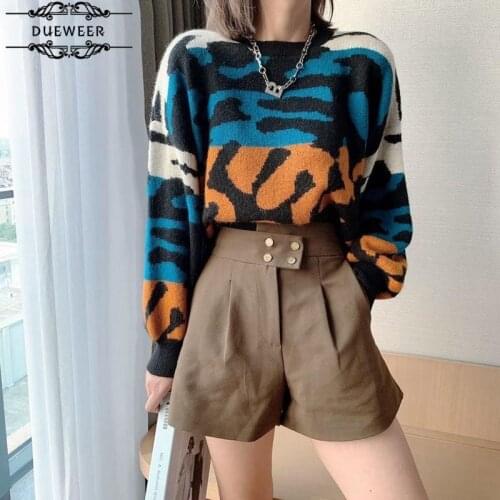 Women Sweater Womens Pullovers Woman Pullover Sweaters Leopard Patchwork Sexy Crop O-Neck Long Sleeve Leisure Chic Loose Warm