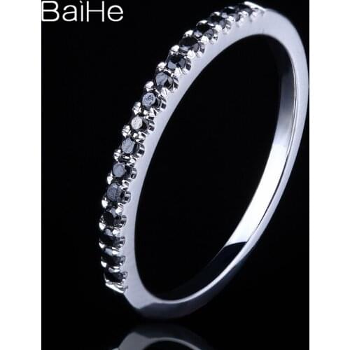 BAIHE Solid 10K White Gold Total 0.15ct Round Genuine Black Diamonds Engagement Women Fashion Women Gift Black Diamond Ring