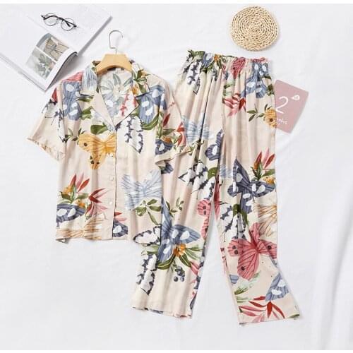 Women Long Sleeve Nightwear Autumn 100% Cotton Knitted Pajama Set Turn-down Collar Leaves Printing Pajamas Loungewear Sleepwea