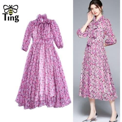 Tingfly Vintage Elegant Women Purple Daisy Chiffon Floral Dress Lady Summer Street Fashion France Retro Midi Long Dress Elbise