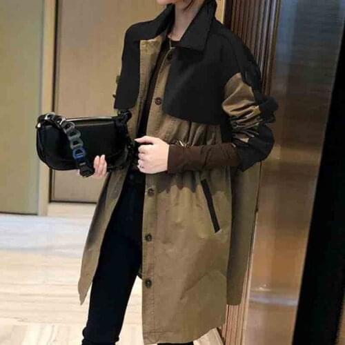 Winter European Style Mid-Length Popular Stitching Loose Casual Jacket Women Outwear Trench/ Windbreaker