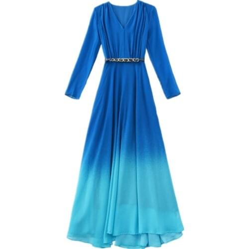 2021 New Spring Elegant V-neck Maxi Dresses for Women Robe High Quality Runway Vintage Gradient Party Dress with Belt Vestidos