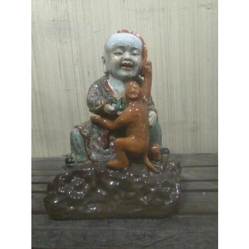 Antique Collection Old Chinese Famille Rose Porcelain Maitreya statue ,Boy playing with monkey
