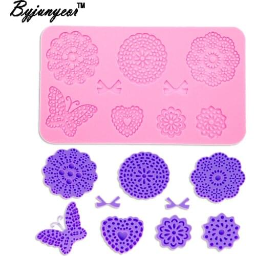 Byjunyeor LM011 Flower Loving Lace Heart Valentines Day Fondant Sugarcraft 3D Silicone Decoration DIY Mold