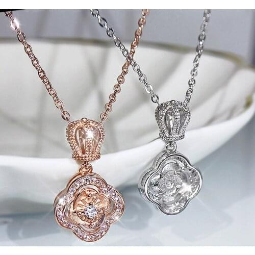 925 Sterling Silver Bling Four Leaf Clover Crown Pendant Hollow Necklace For Women Quality Fashion Rose Gold Color Jewelry