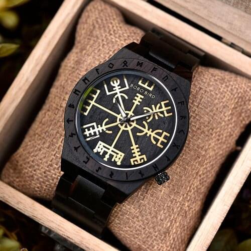 Reloj hombre BOBO BIRD Wood Watch for Men Runic Circle Watches with Golden Helm of Awe or Vegvisir Male Wristwatch Dropshipping