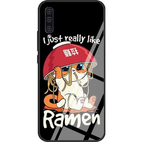 Kawaii Anime Cat Otaku Ramen Noodles Case For Samsung A72 A71 A51 A31 A40 A50 A70 A20e A21S A12 A32 A52 Tempered Glass Cover