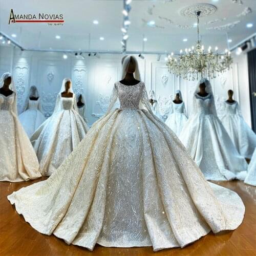 Elegant Full Lace Beading Wedding Dress Puffy Ball Gown 2021