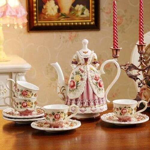 European Victorian Hand-painted Embossed Rose Ceramic Coffee Cup Pot Teacup Home Decoration Craft Desktop Figurines Wedding Gift