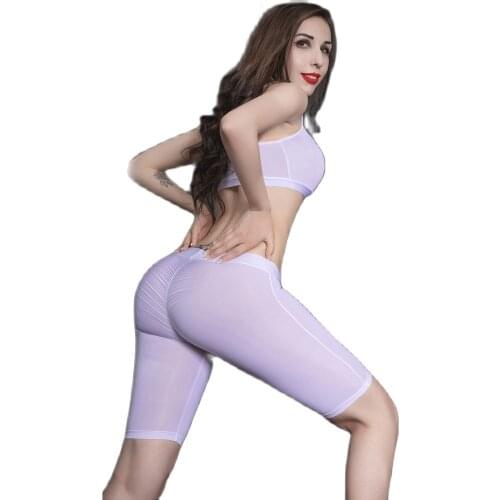 Oil Glossy Lingerie Tights Tank Bustier Top Cropped Camis Tops Hot Sexy Ruched Booty Lift Half Length Pants Transparent Trousers