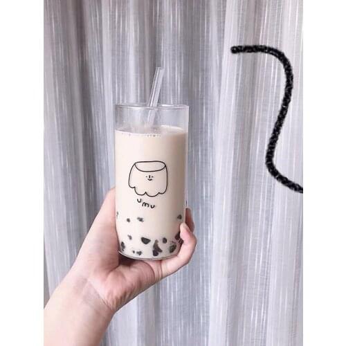 400ML Korean Ins Small Fresh Glass Cup With Straw Milk Juice Cold Water Cup Cute Animal Print Drink Cup Heat Resistant Glass