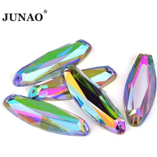 JUNAO 20*58mm Large Sewing AB Crystal Oval Rhinestone Flatback Stones Sew On Fancy Crystals Strass for Needlework Decorartion
