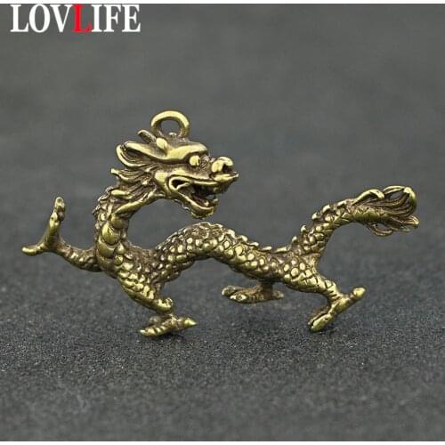 Handmade Brass Dragon Keychains Pendant Vintage Solid Copper Lucky Auspicious Key Chains Car Hanging Pendants Jewelry Mens Gift
