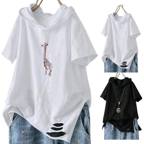 Summer Fashion Women Short Sleeve Loose T-shirt All-matched Casual Hooded Tee Shirt Femme Print Tops Cotton